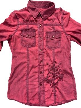 Sinful by Affliction Red Embroidered Button Up Shirt XS Sacred Heart Wings